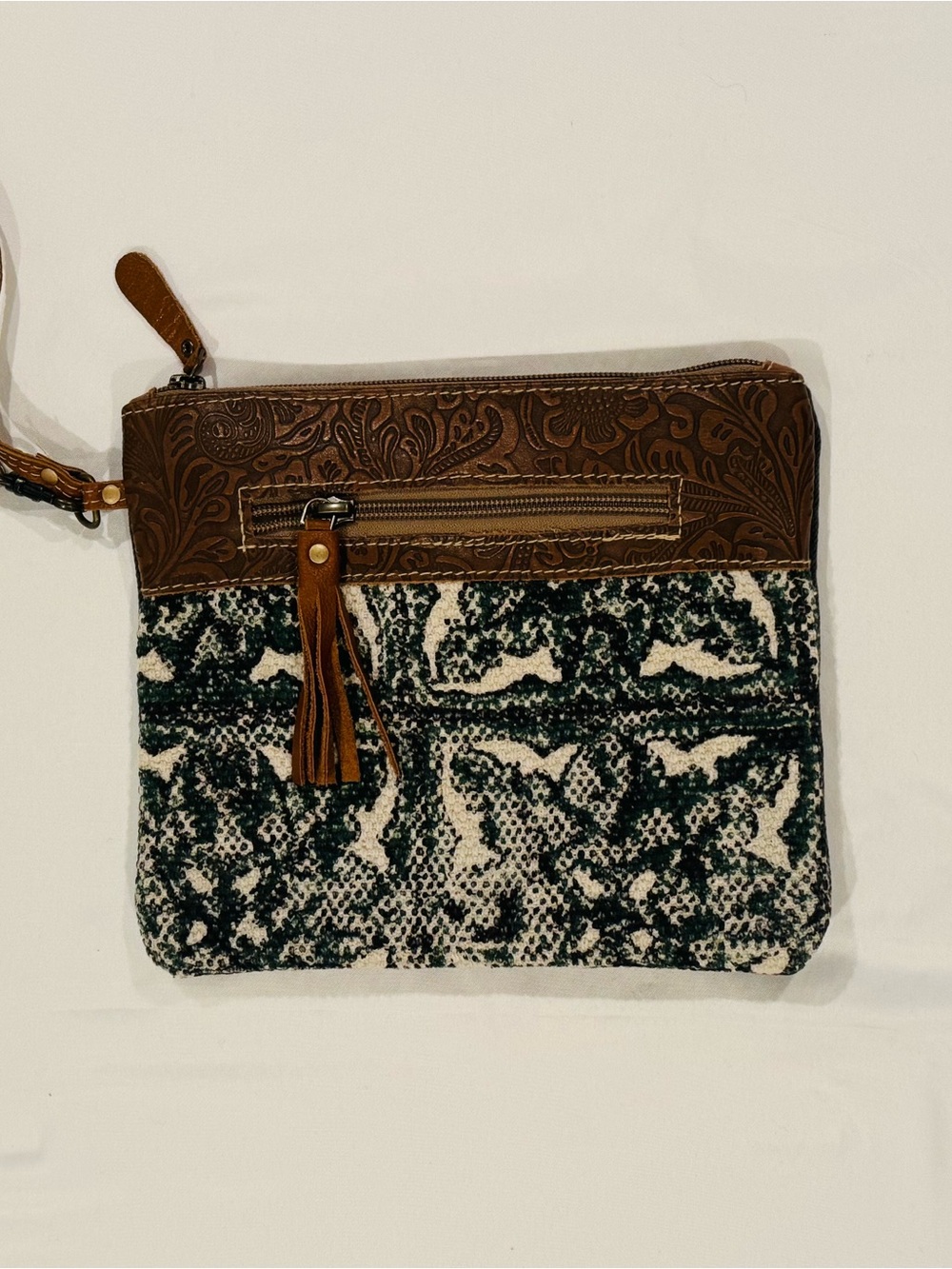 Myra Bag Tooled Leather & Upcycled Canvas Wristlet Zip Pouch